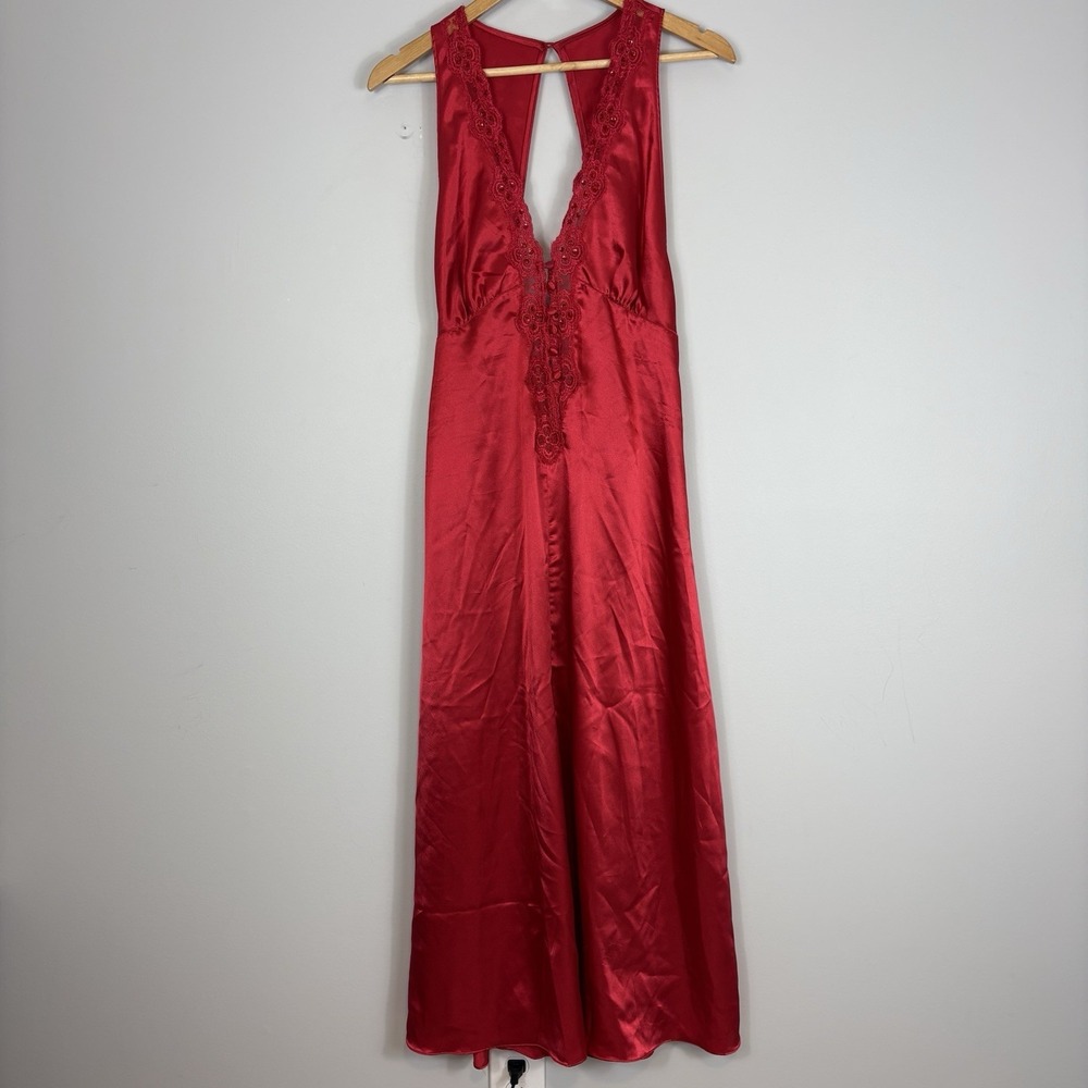 Vtg 80s Victoria's Secret Gold Label Satin Slip Dress Maxi Buttons Lace Trim Red